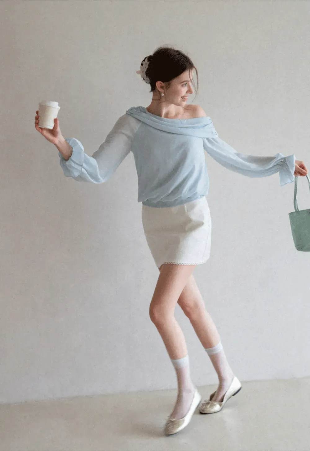 Off Shoulder Lace Chiffon Blouse with Ruffled Sleeves