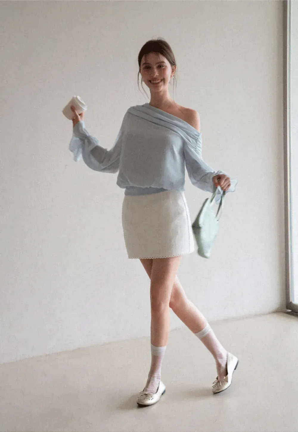 Off Shoulder Lace Chiffon Blouse with Ruffled Sleeves