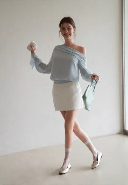 Off Shoulder Lace Chiffon Blouse with Ruffled Sleeves