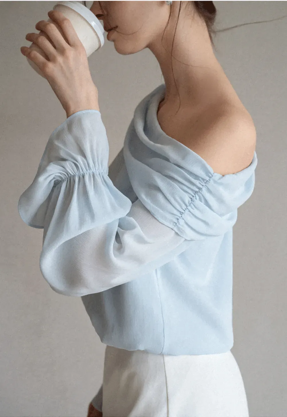 Off Shoulder Lace Chiffon Blouse with Ruffled Sleeves