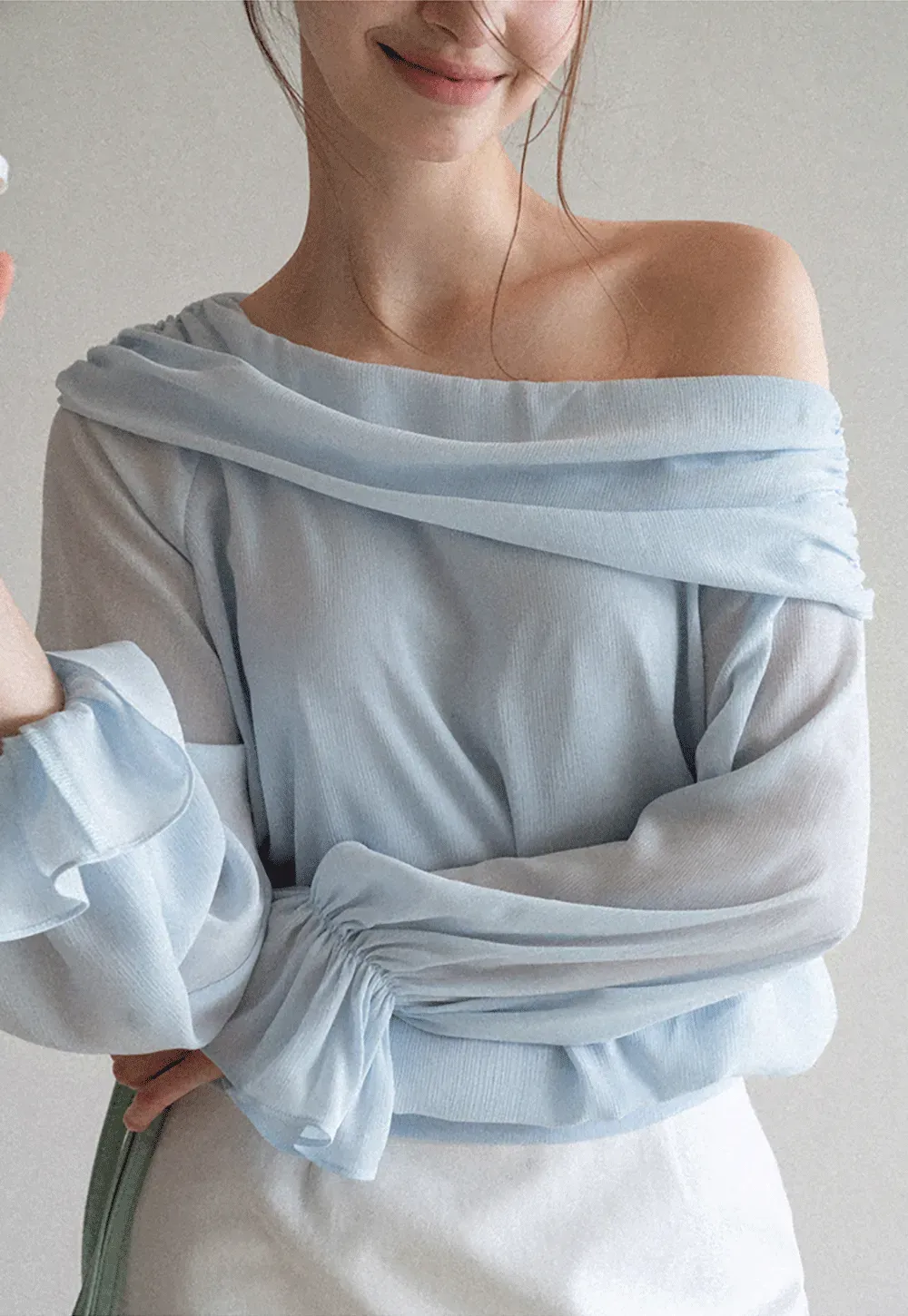 Off Shoulder Lace Chiffon Blouse with Ruffled Sleeves