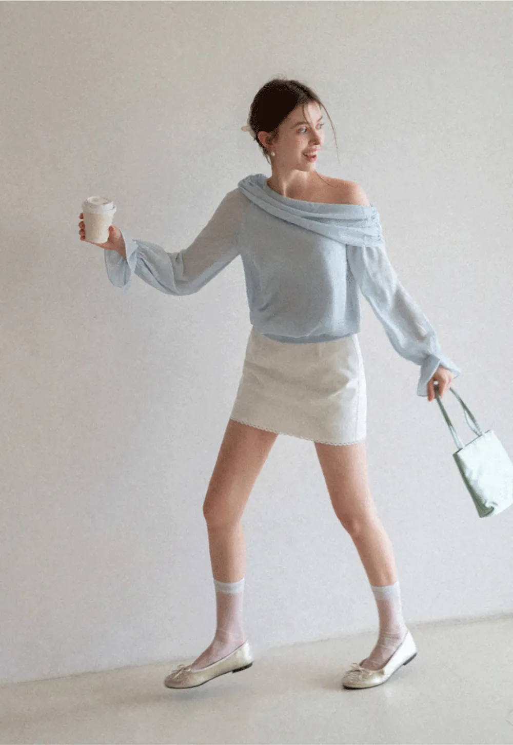 Off Shoulder Lace Chiffon Blouse with Ruffled Sleeves