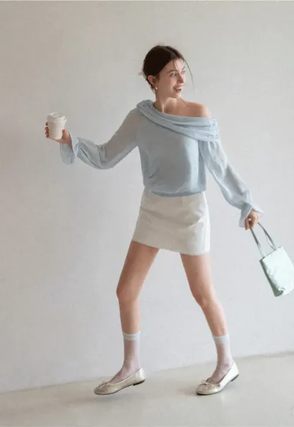 Off Shoulder Lace Chiffon Blouse with Ruffled Sleeves