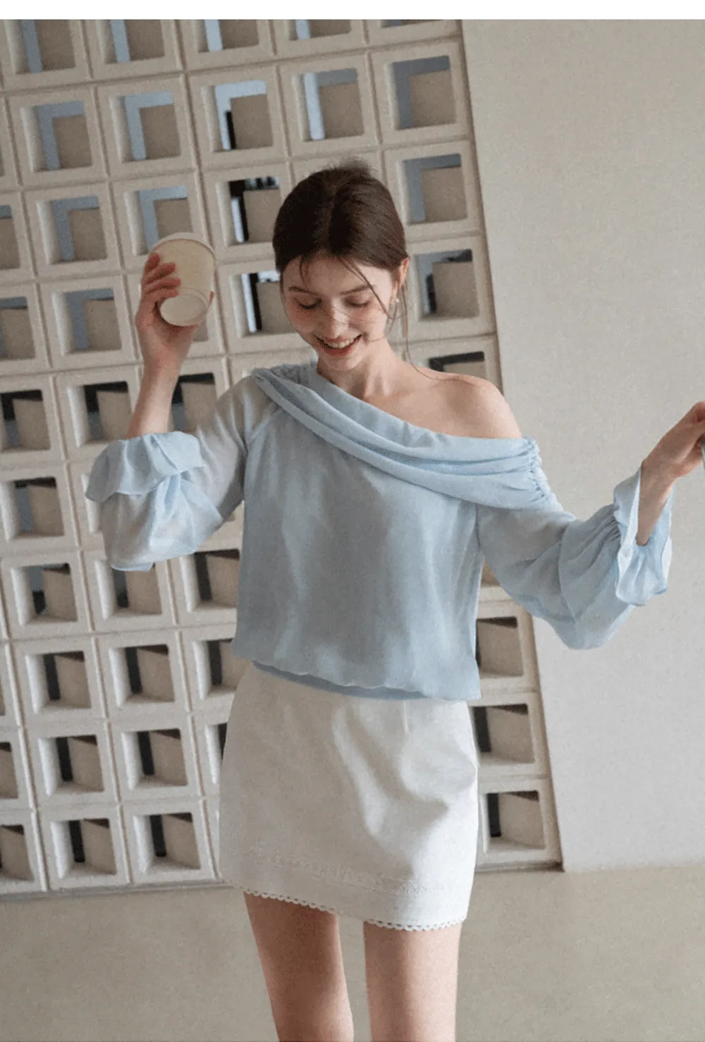 Off Shoulder Lace Chiffon Blouse with Ruffled Sleeves