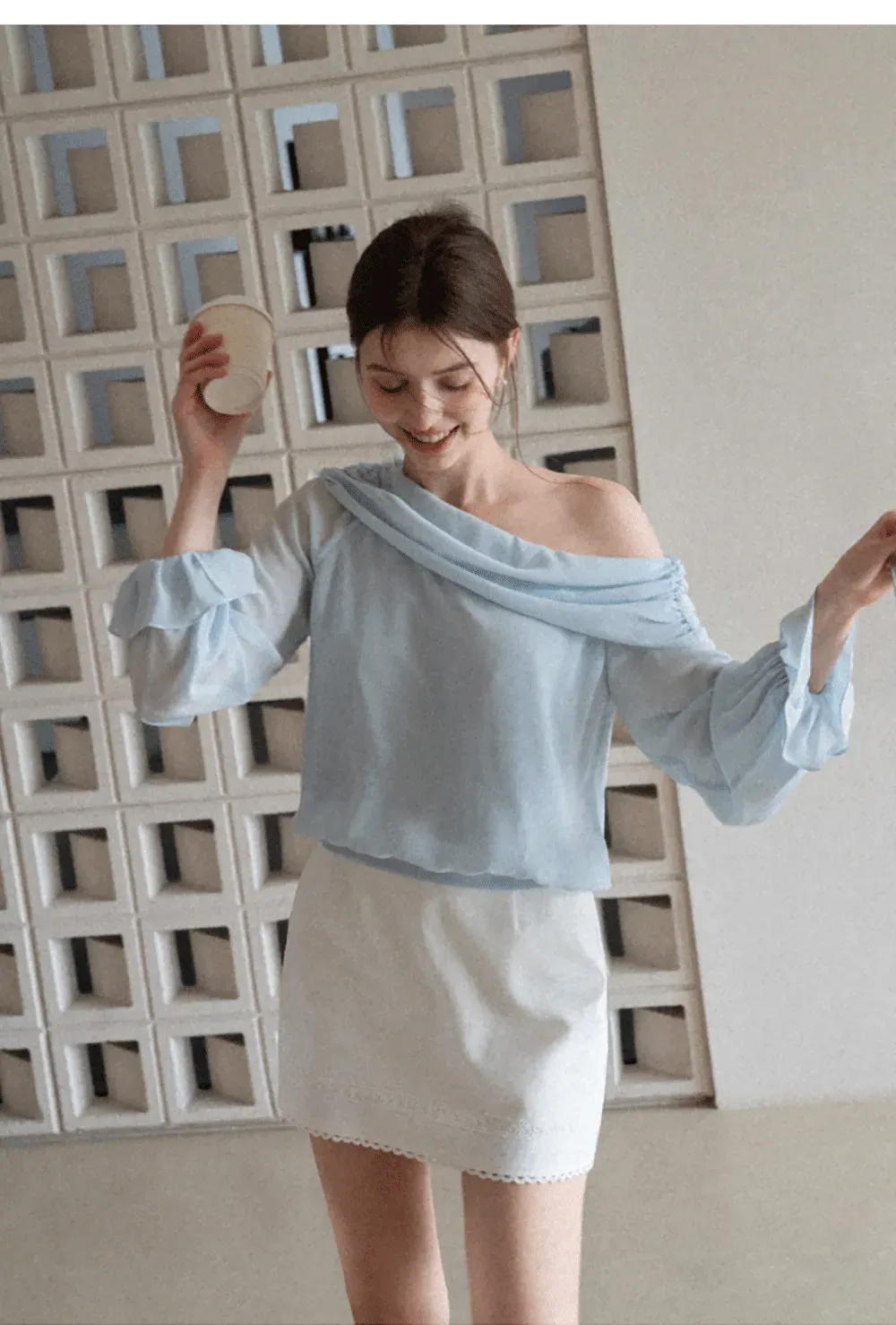 Off Shoulder Lace Chiffon Blouse with Ruffled Sleeves