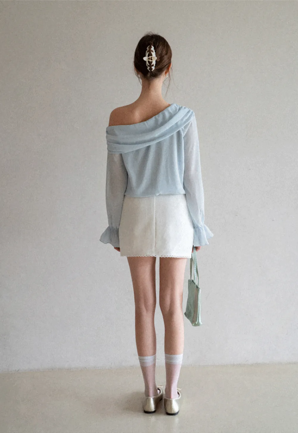 Off Shoulder Lace Chiffon Blouse with Ruffled Sleeves