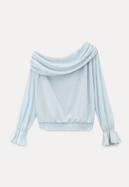 Off Shoulder Lace Chiffon Blouse with Ruffled Sleeves