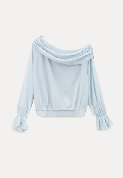 Off Shoulder Lace Chiffon Blouse with Ruffled Sleeves