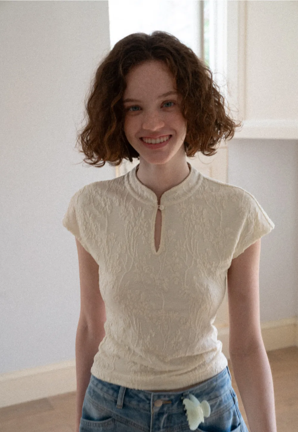 Textured Knit Top with Keyhole Neckline