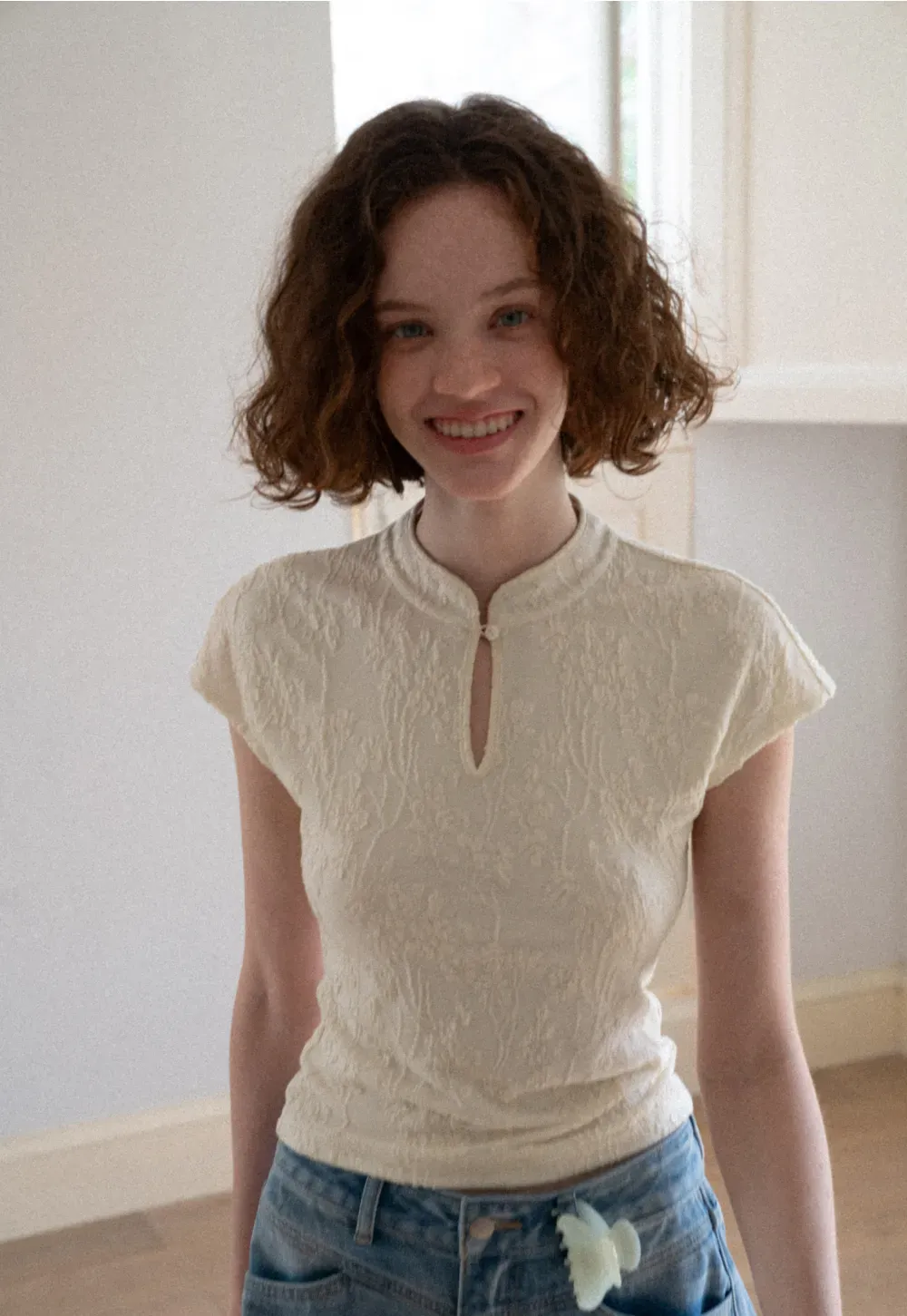 Textured Knit Top with Keyhole Neckline