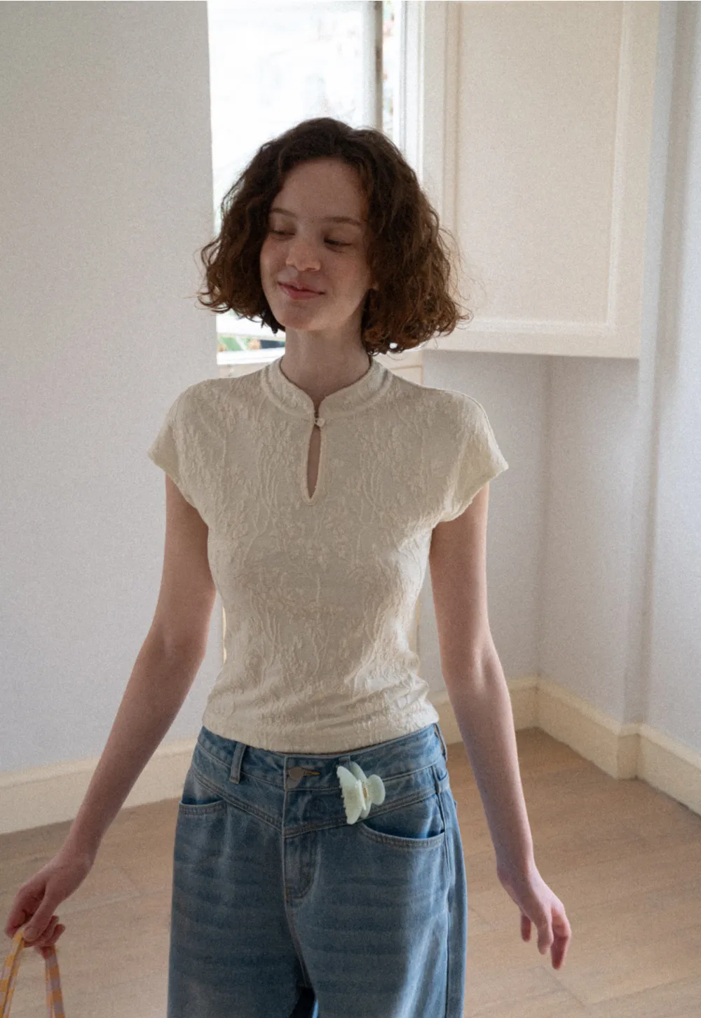 Textured Knit Top with Keyhole Neckline