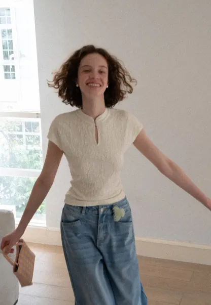 Textured Knit Top with Keyhole Neckline