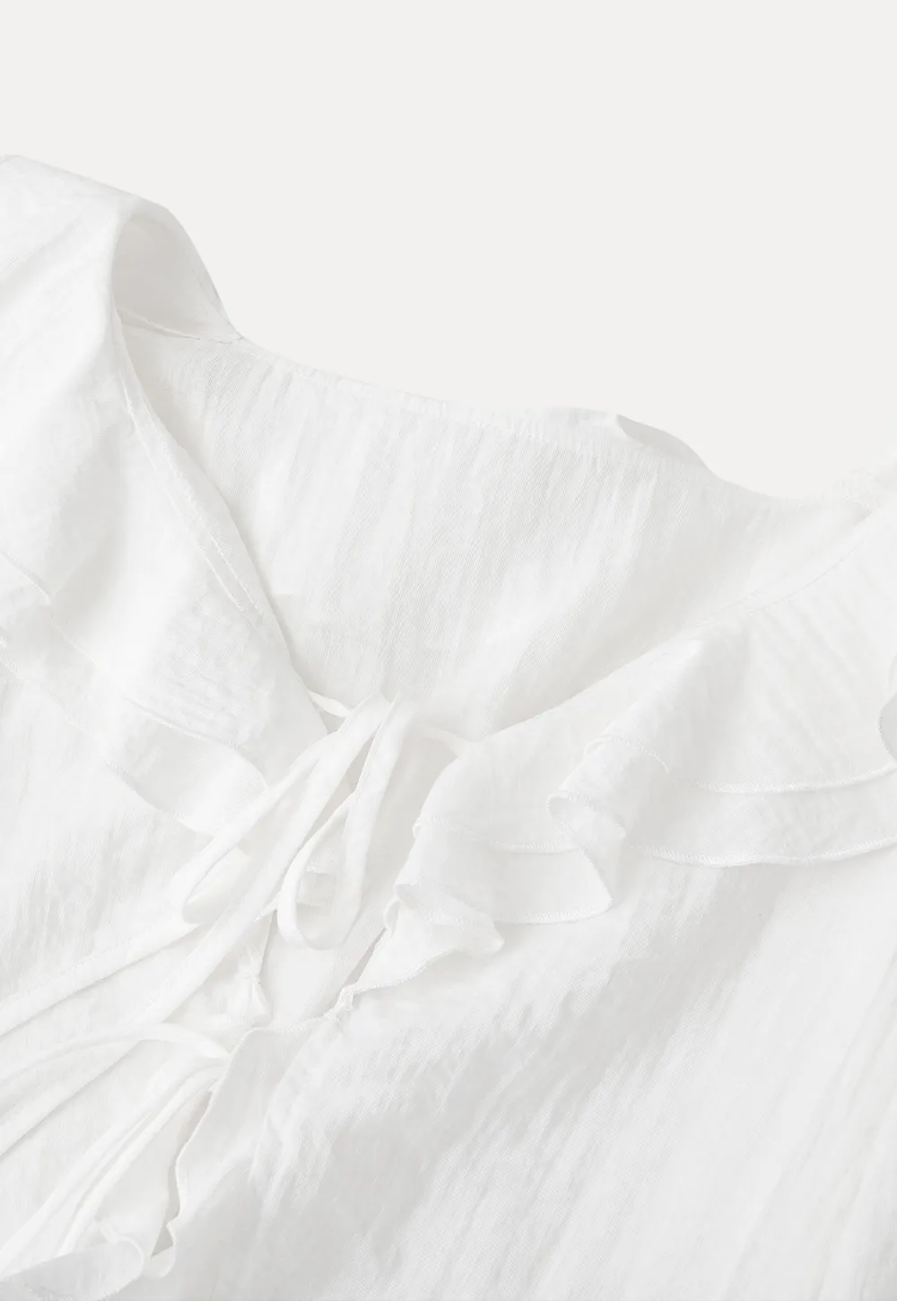 Ruffled Collar Lace Trim Drawstring Chiffon Blouse