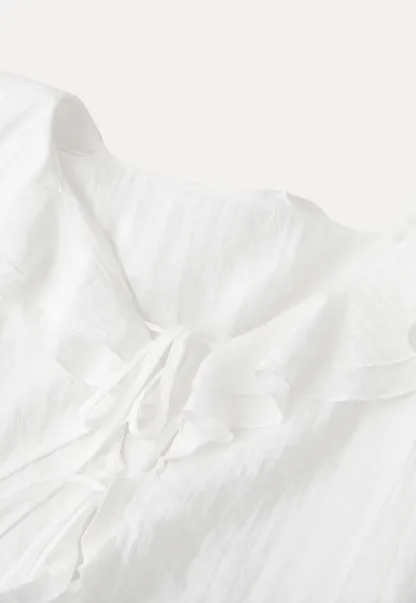 Ruffled Collar Lace Trim Drawstring Chiffon Blouse