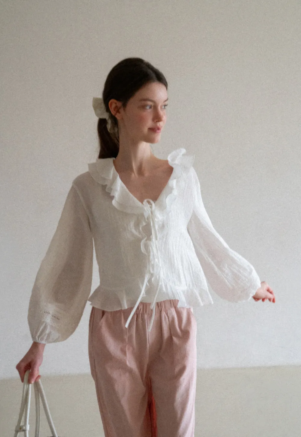 Ruffled Collar Lace Trim Drawstring Chiffon Blouse