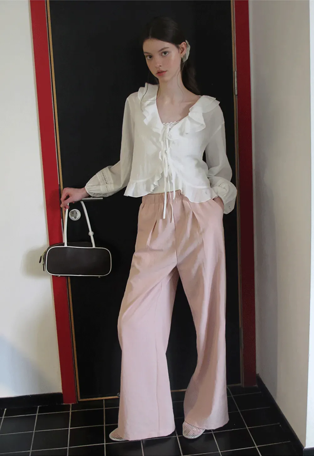 Ruffled Collar Lace Trim Drawstring Chiffon Blouse