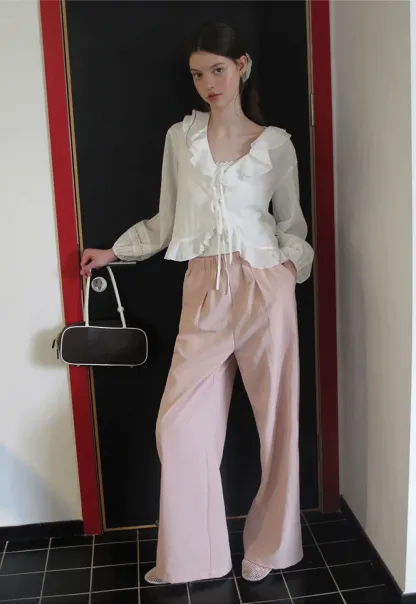 Ruffled Collar Lace Trim Drawstring Chiffon Blouse