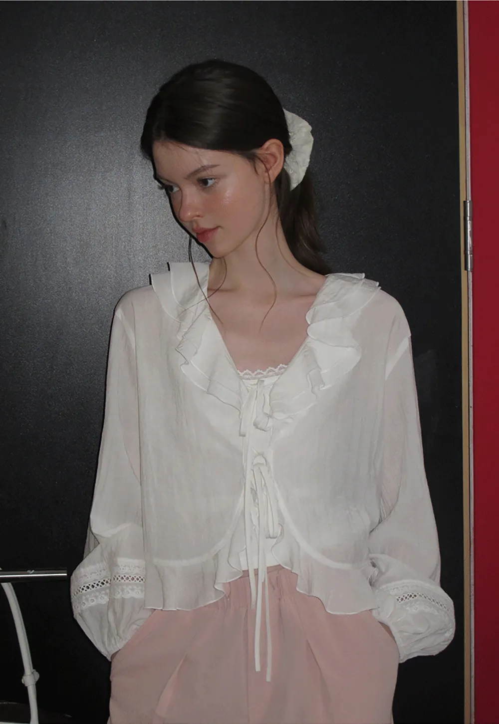 Ruffled Collar Lace Trim Drawstring Chiffon Blouse