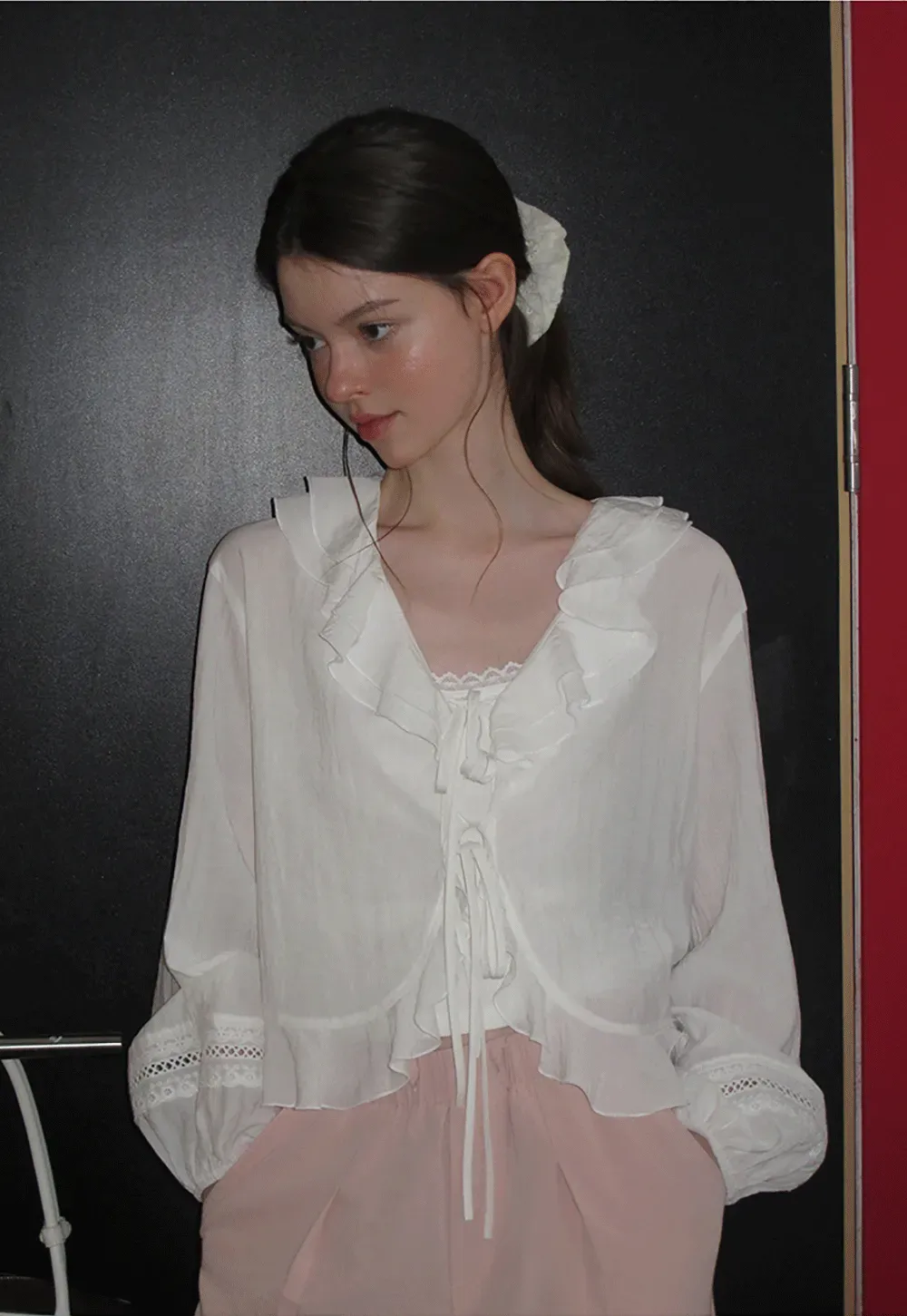 Ruffled Collar Lace Trim Drawstring Chiffon Blouse