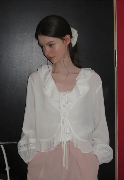Ruffled Collar Lace Trim Drawstring Chiffon Blouse