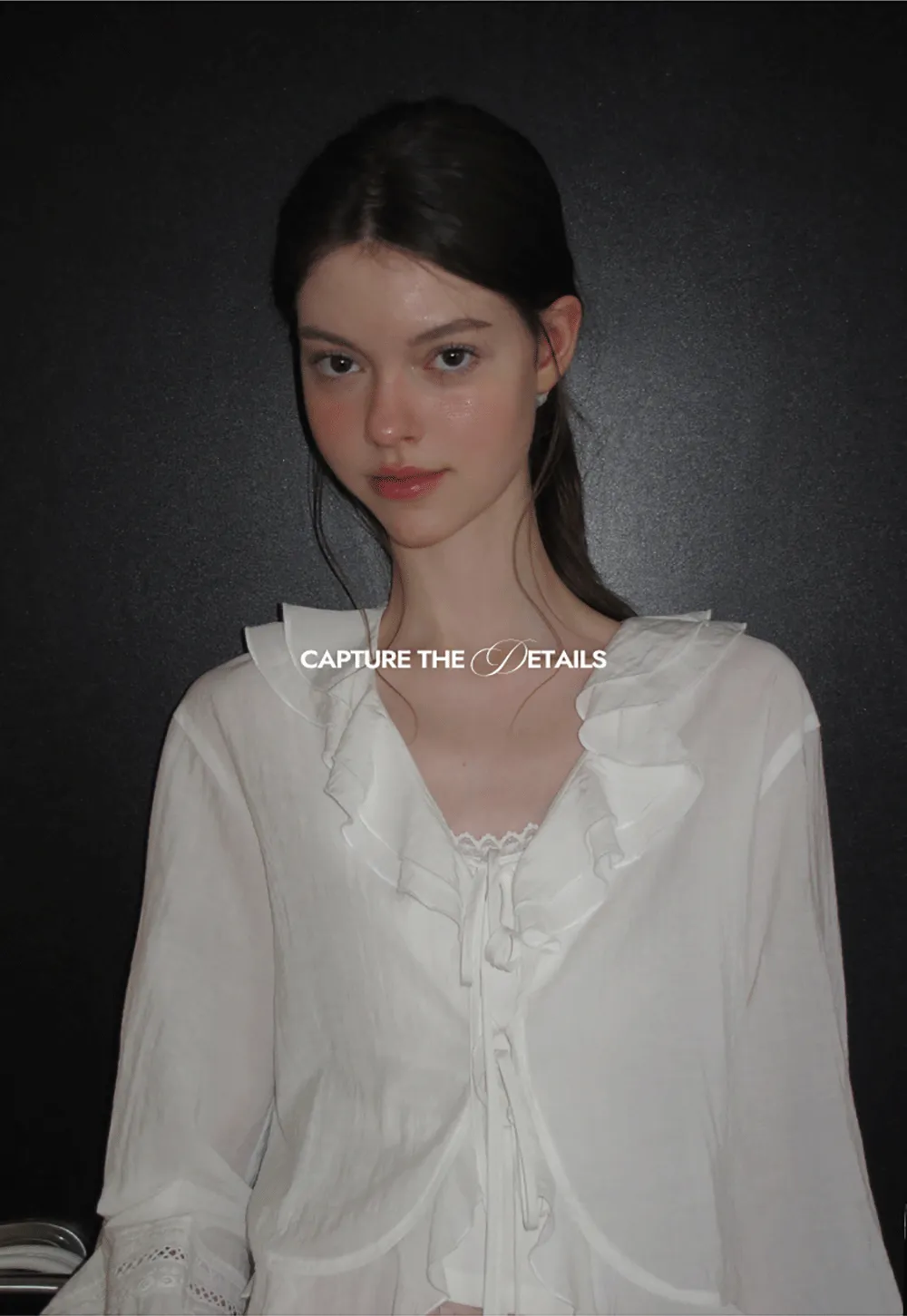 Ruffled Collar Lace Trim Drawstring Chiffon Blouse