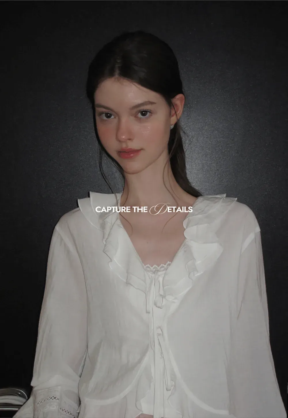 Ruffled Collar Lace Trim Drawstring Chiffon Blouse