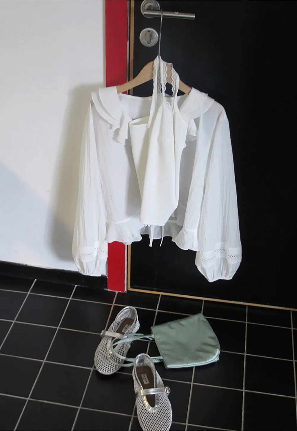 Ruffled Collar Lace Trim Drawstring Chiffon Blouse