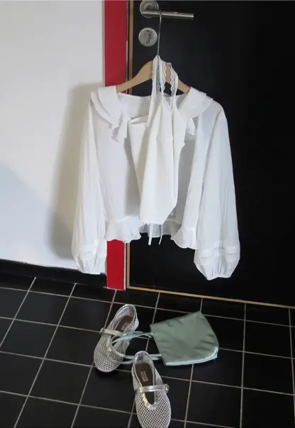 Ruffled Collar Lace Trim Drawstring Chiffon Blouse