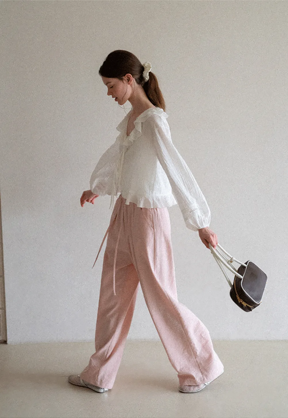 Ruffled Collar Lace Trim Drawstring Chiffon Blouse