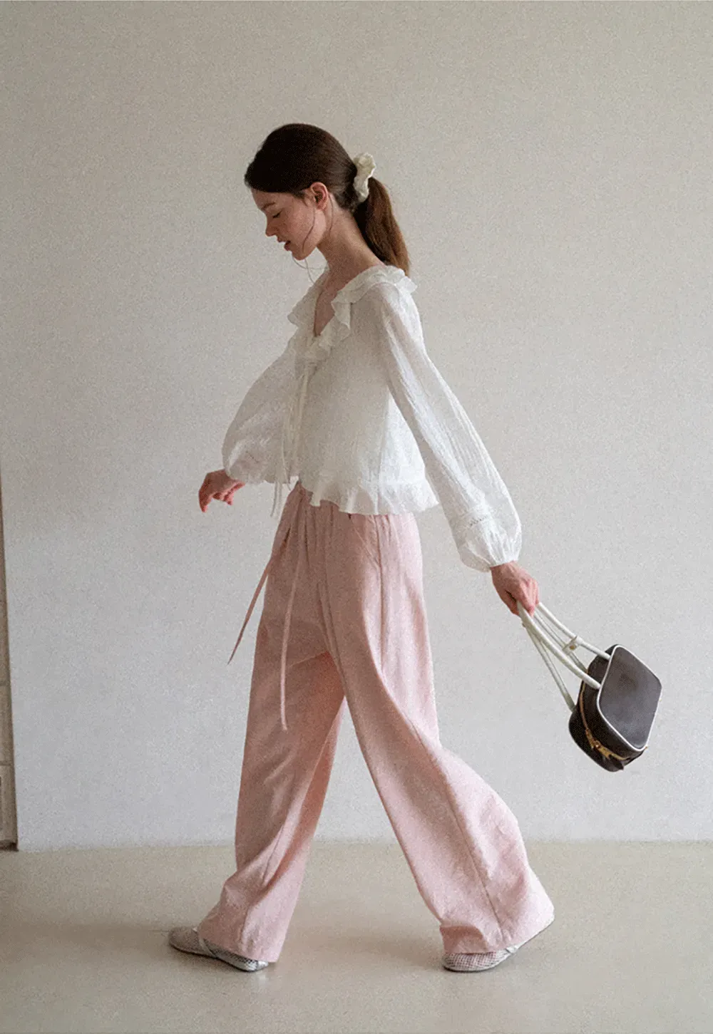 Ruffled Collar Lace Trim Drawstring Chiffon Blouse