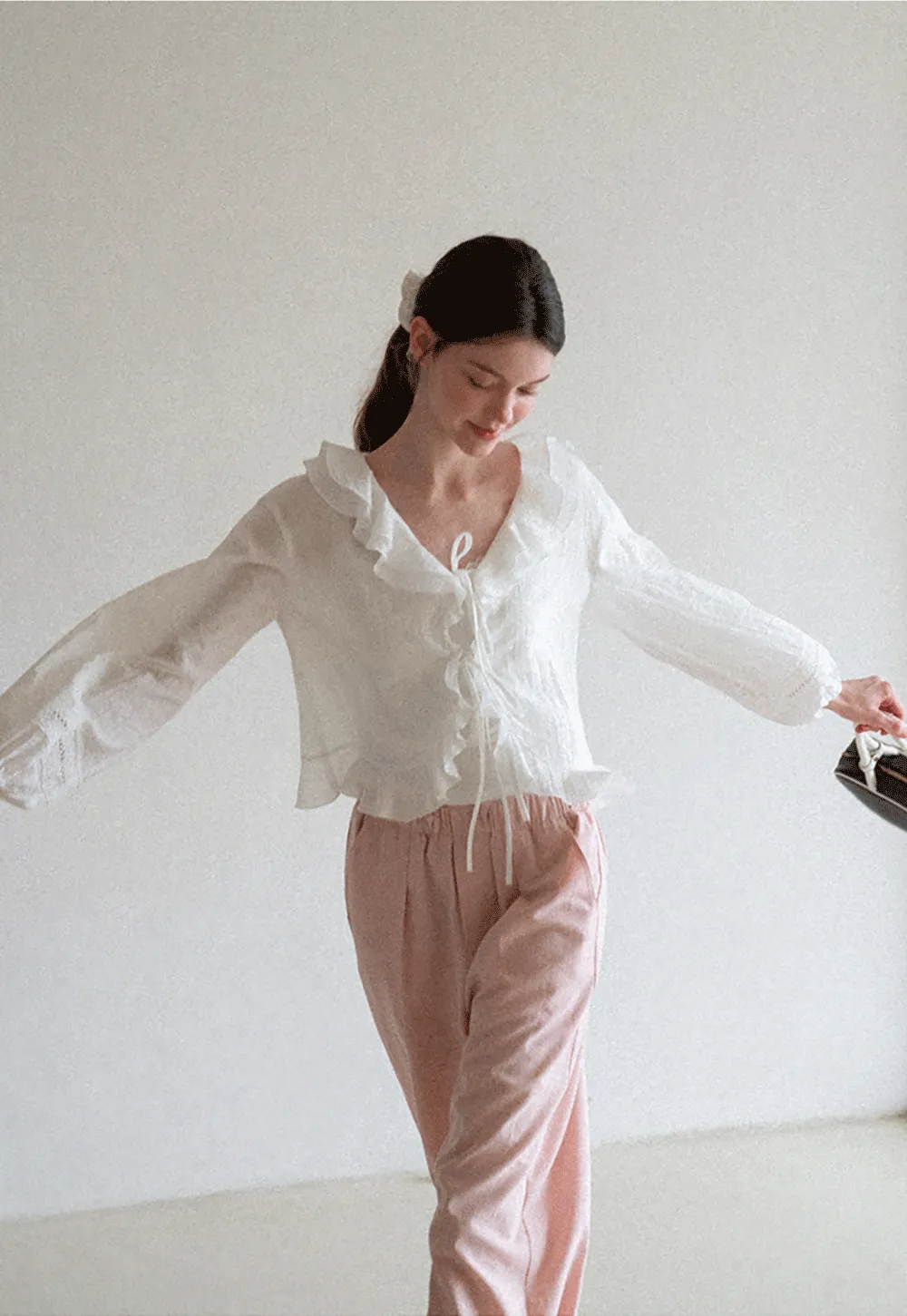 Ruffled Collar Lace Trim Drawstring Chiffon Blouse