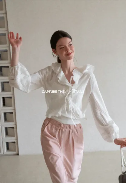 Ruffled Collar Lace Trim Drawstring Chiffon Blouse