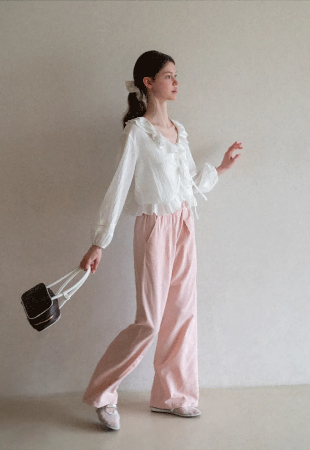 Ruffled Collar Lace Trim Drawstring Chiffon Blouse