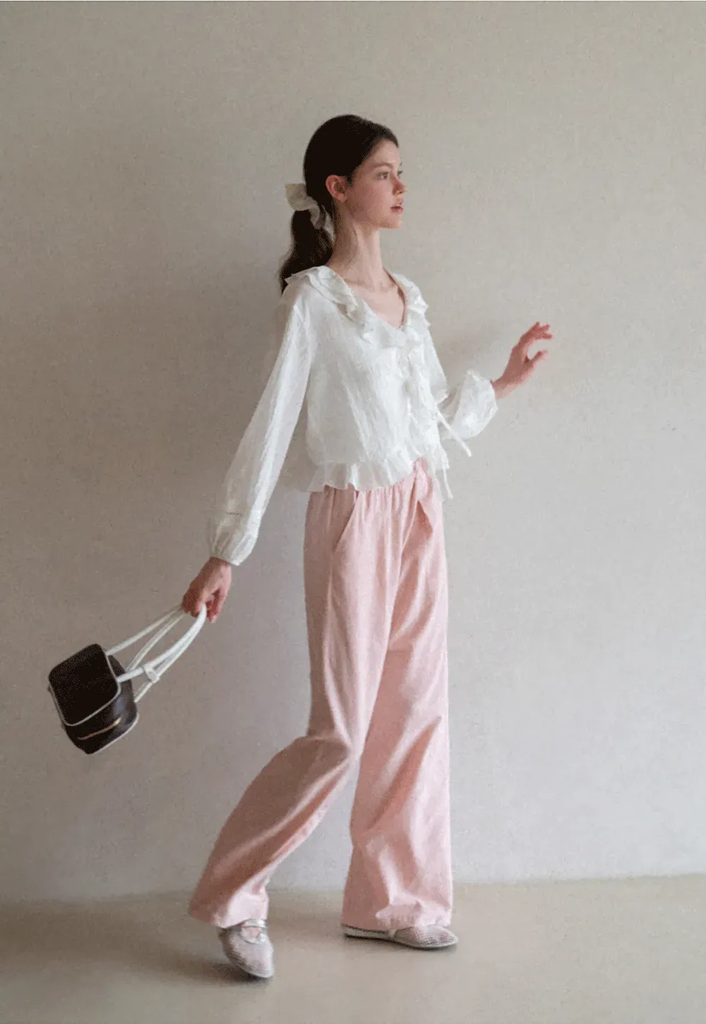 Ruffled Collar Lace Trim Drawstring Chiffon Blouse