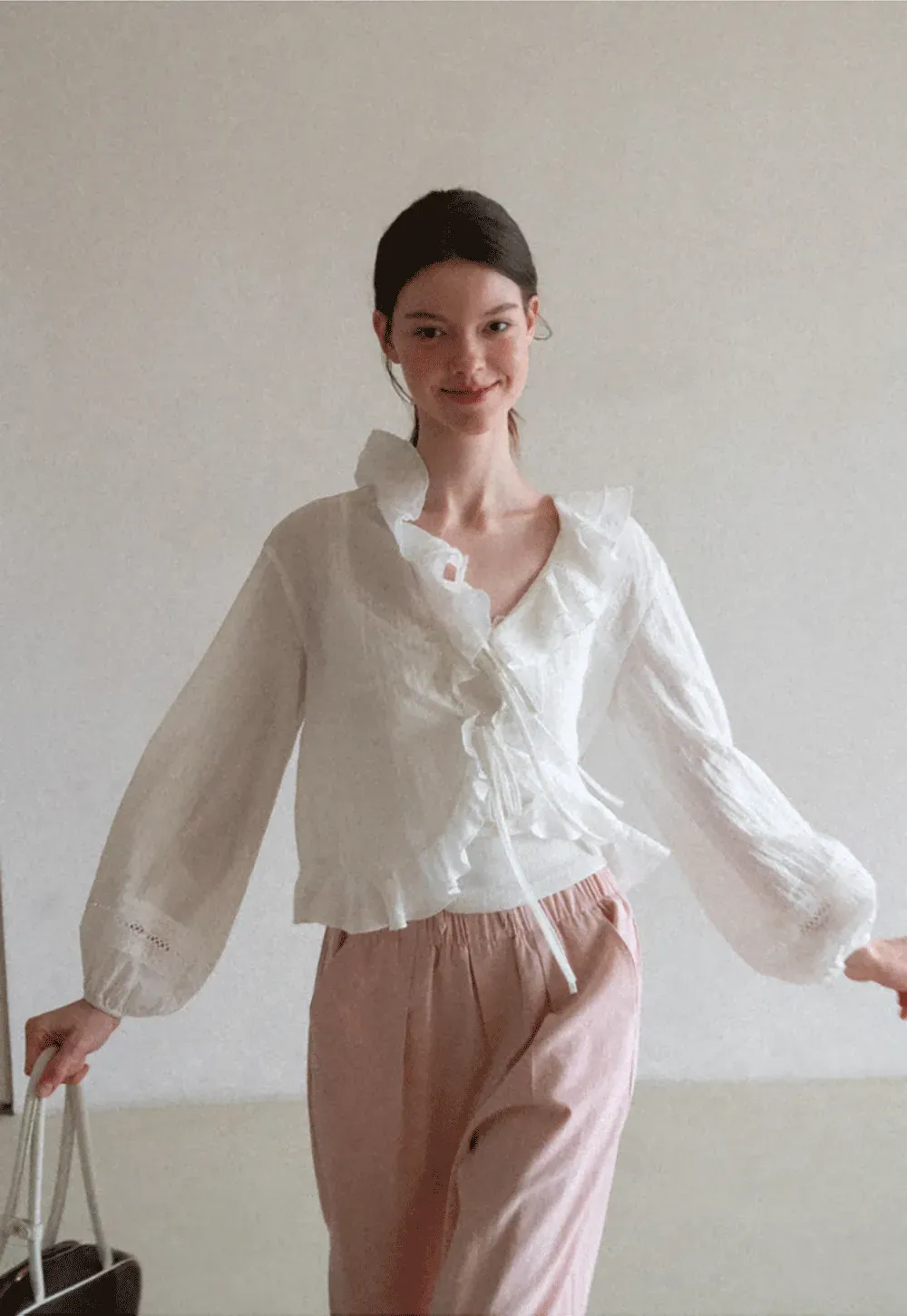 Ruffled Collar Lace Trim Drawstring Chiffon Blouse