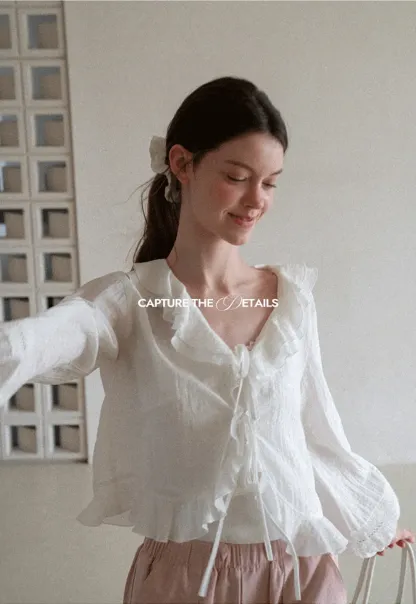 Ruffled Collar Lace Trim Drawstring Chiffon Blouse