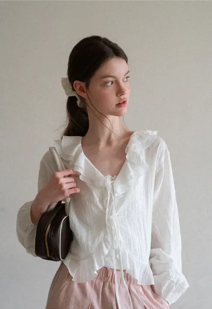 Ruffled Collar Lace Trim Drawstring Chiffon Blouse