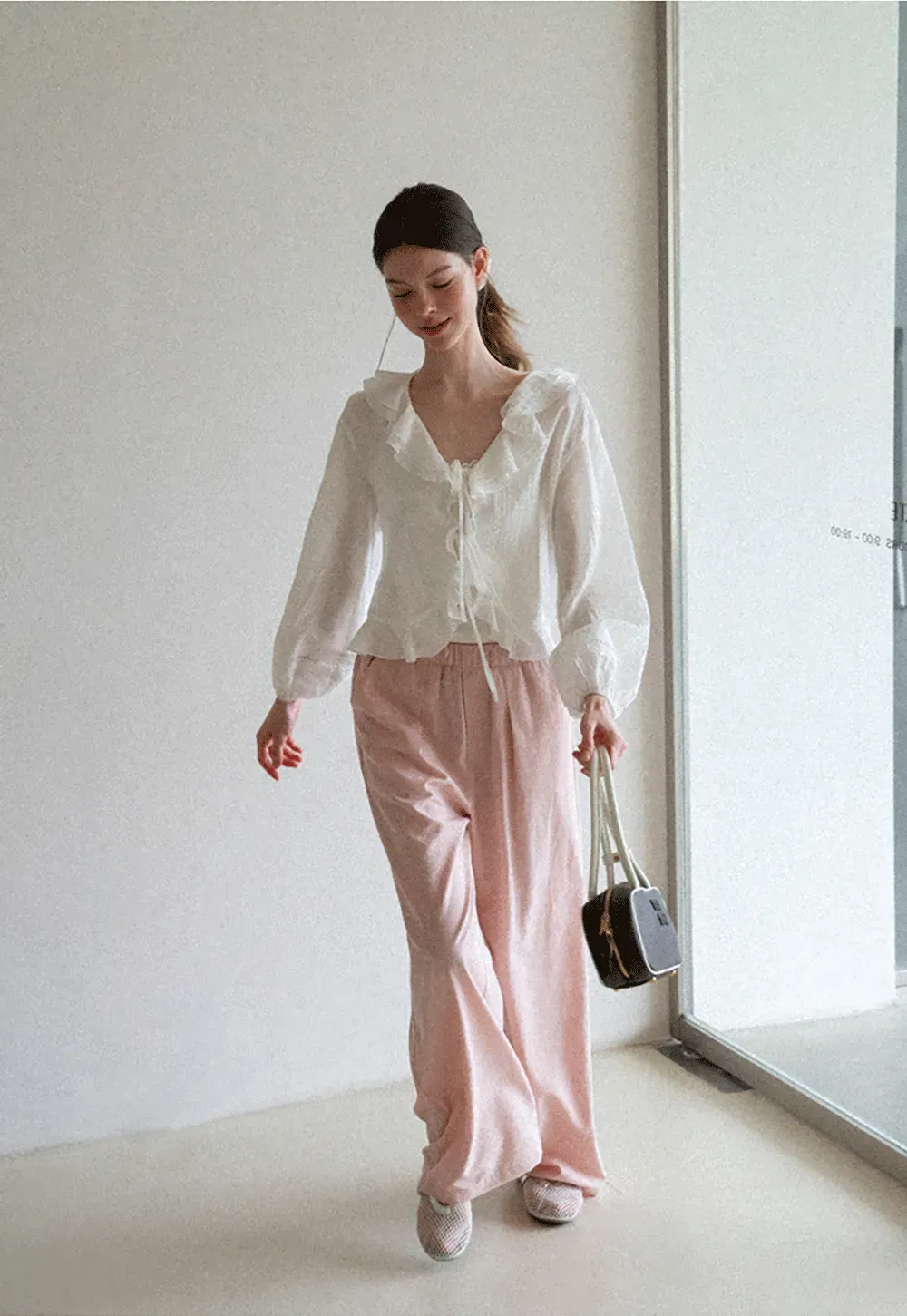 Ruffled Collar Lace Trim Drawstring Chiffon Blouse