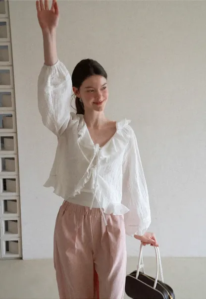 Ruffled Collar Lace Trim Drawstring Chiffon Blouse