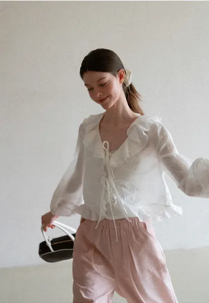 Ruffled Collar Lace Trim Drawstring Chiffon Blouse
