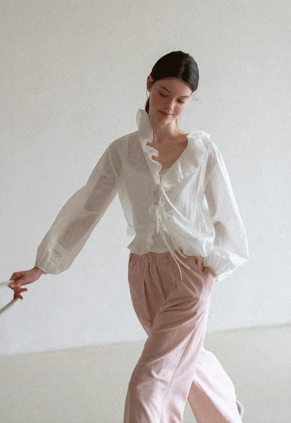 Ruffled Collar Lace Trim Drawstring Chiffon Blouse