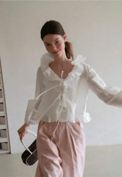 Ruffled Collar Lace Trim Drawstring Chiffon Blouse
