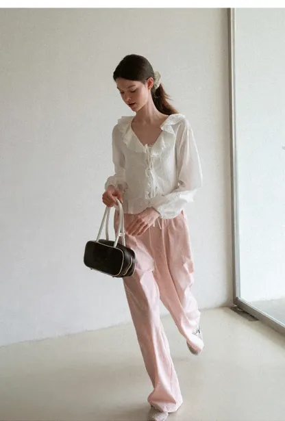 Ruffled Collar Lace Trim Drawstring Chiffon Blouse