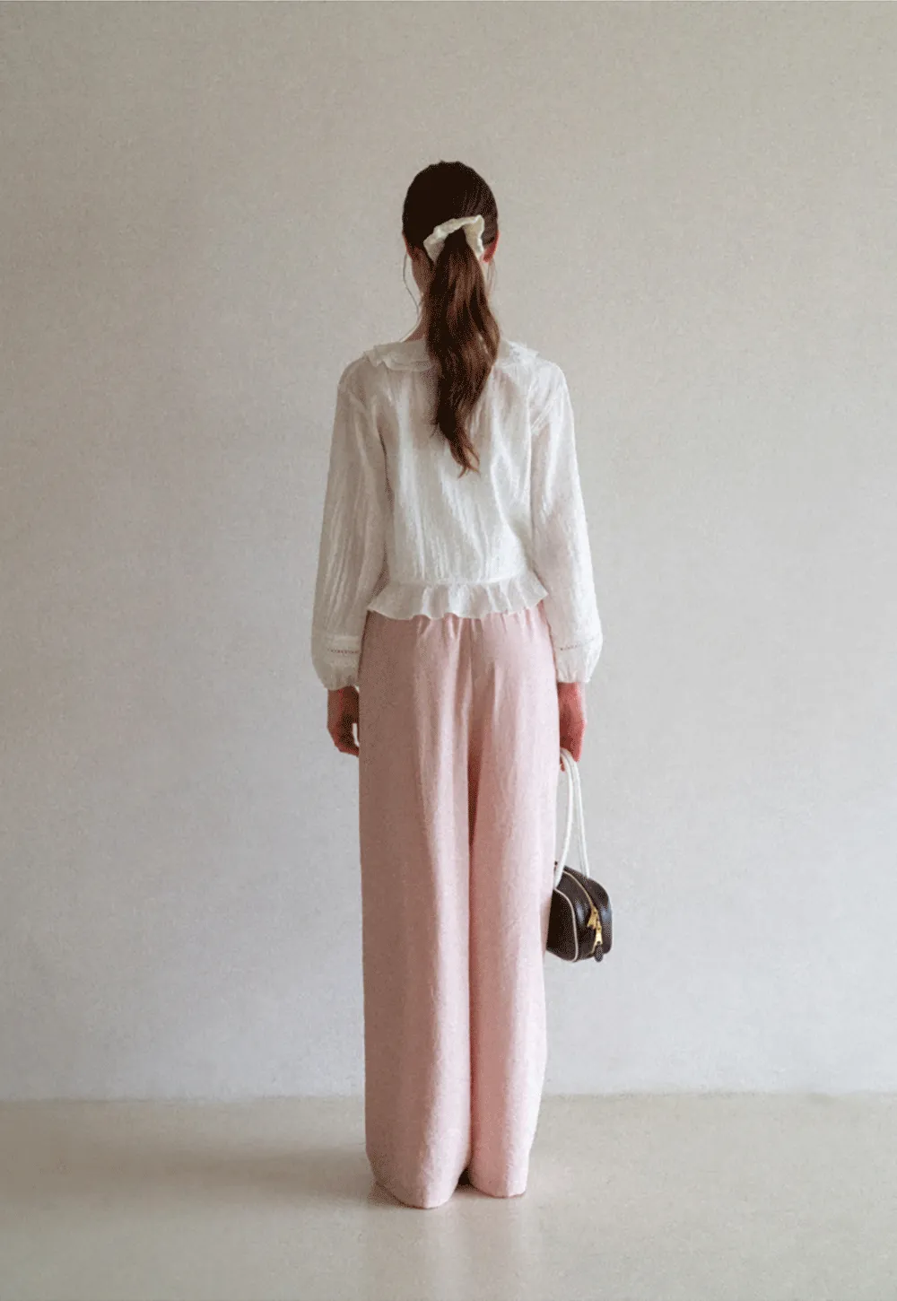 Ruffled Collar Lace Trim Drawstring Chiffon Blouse