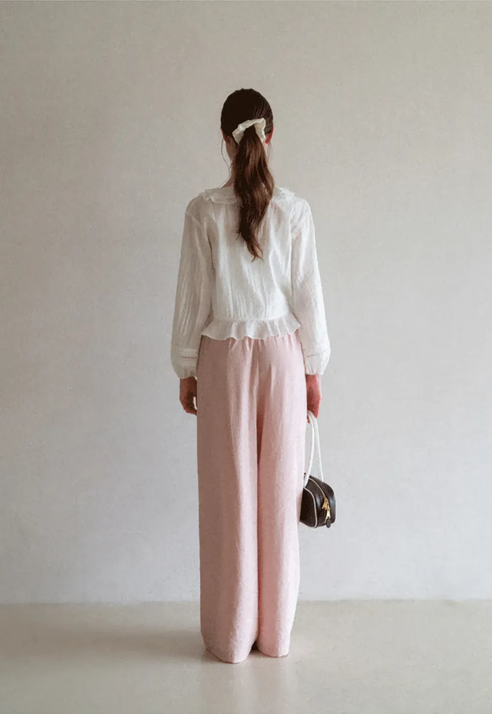 Ruffled Collar Lace Trim Drawstring Chiffon Blouse