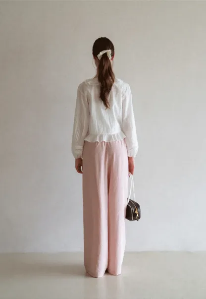 Ruffled Collar Lace Trim Drawstring Chiffon Blouse