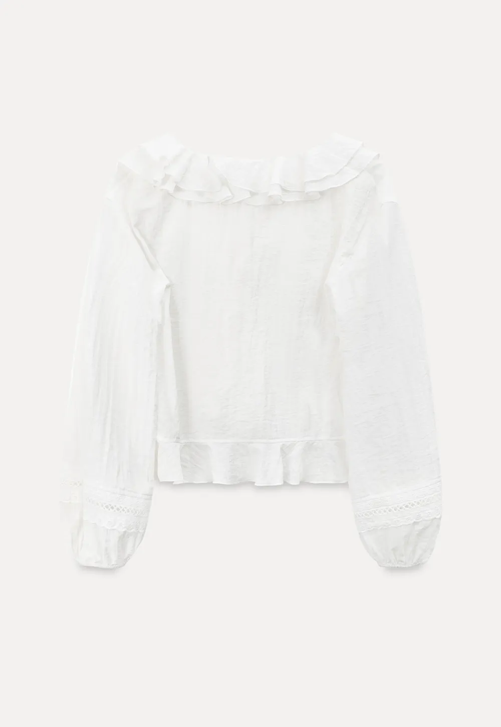 Ruffled Collar Lace Trim Drawstring Chiffon Blouse