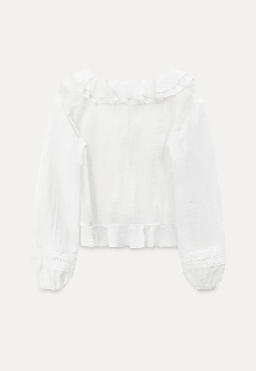 Ruffled Collar Lace Trim Drawstring Chiffon Blouse