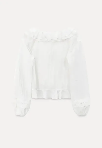 Ruffled Collar Lace Trim Drawstring Chiffon Blouse