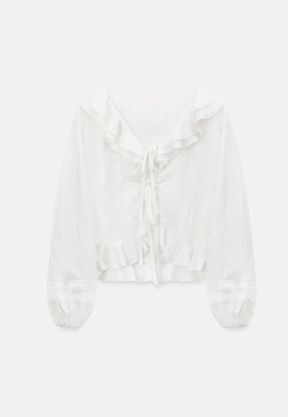 Ruffled Collar Lace Trim Drawstring Chiffon Blouse